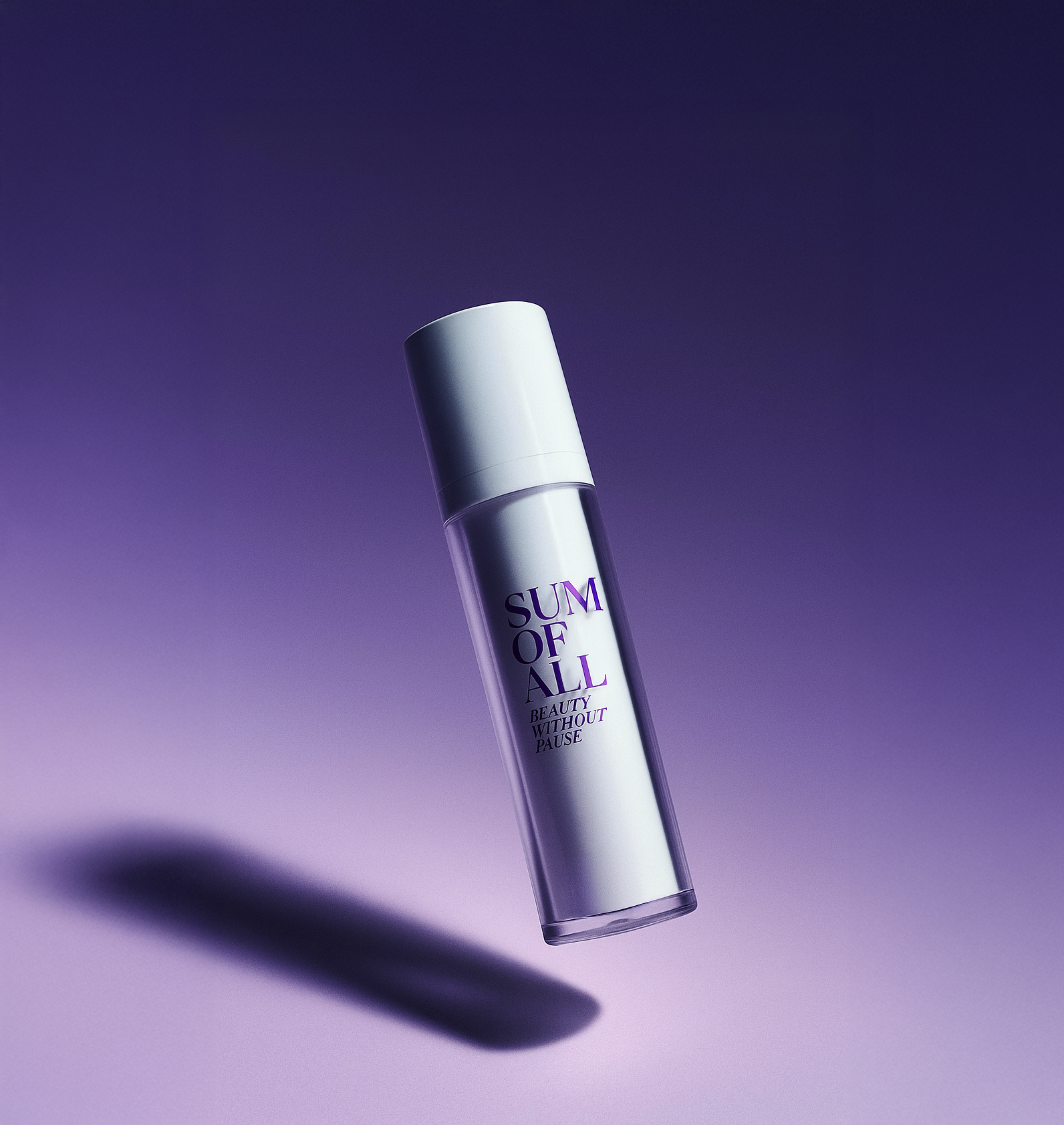 Skincare bottle labeled 'Sum of All' on a purple gradient background