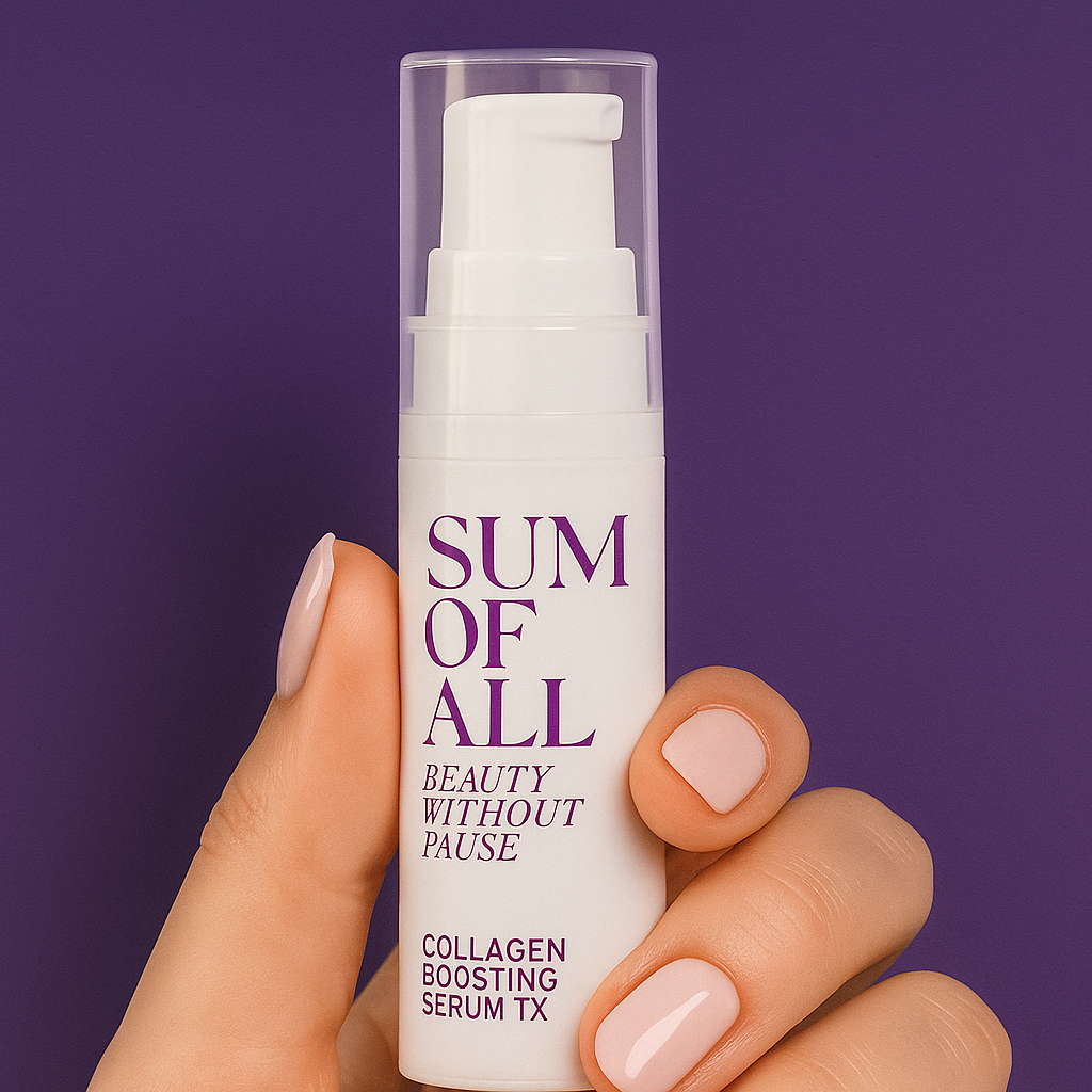 Hand holding a skincare serum bottle labeled 'Sum of All' against a purple background