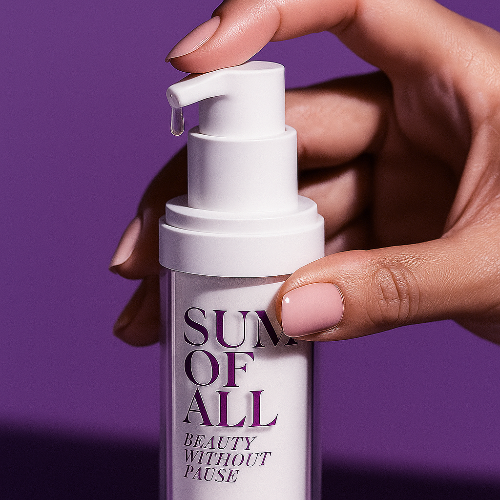 Handing Pushing down pump of Collagen Boosting Serum on purple background