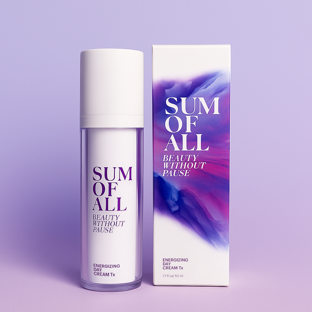 Sum of All Energizing Day Cream Skincare bottle and packaging on a purple background