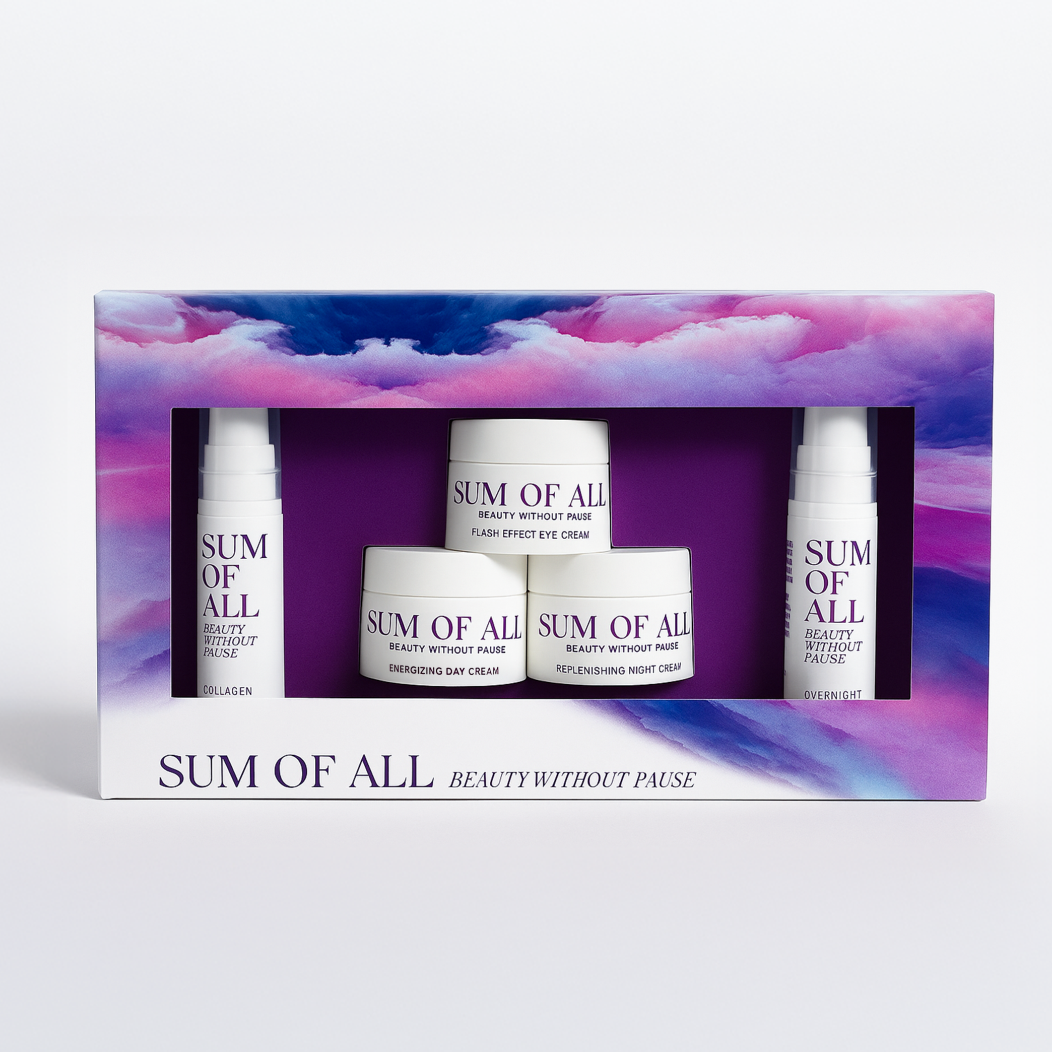 Travel Set of Sum Of All skincare products in a box on a white background.