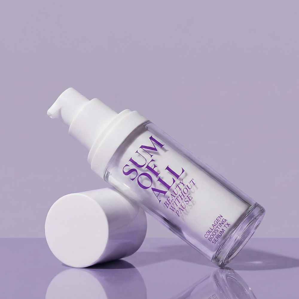 Sum of All Collagen Boosting Serum Tx bottle on a lilac background