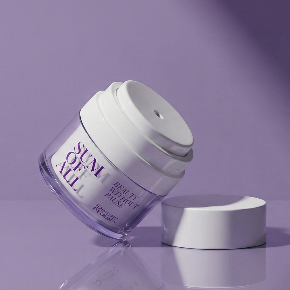 Sum of All Flash Effect Eye Cream Tx jar on a tinted background