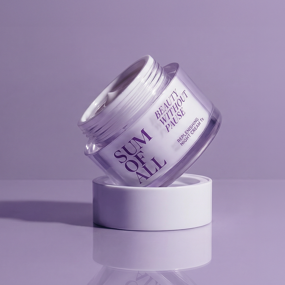 Sum of All Replenishing Night Cream Tx jar on a tinted background