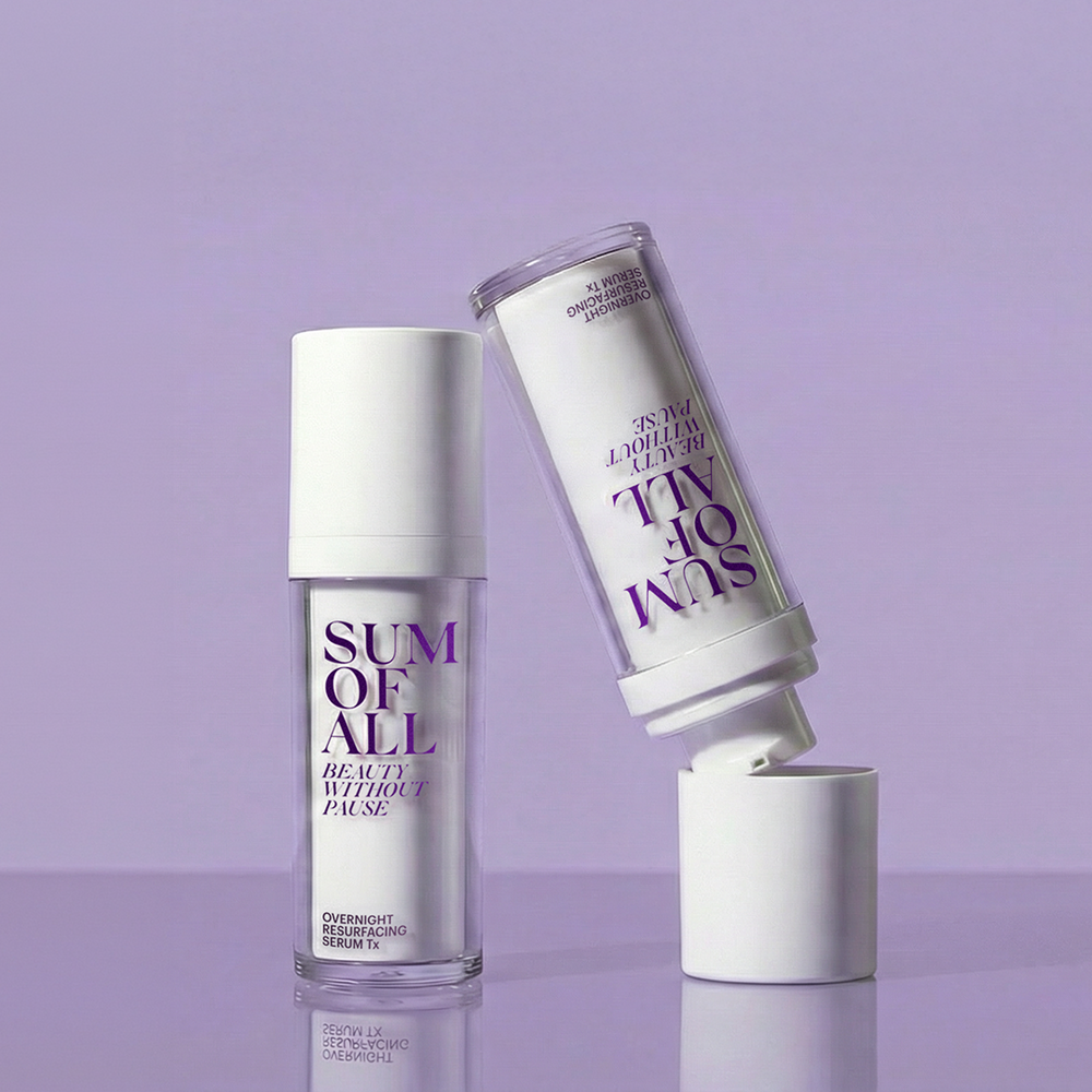 Sum of All Overnight Resurfacing Serum Tx bottle on a tinted background